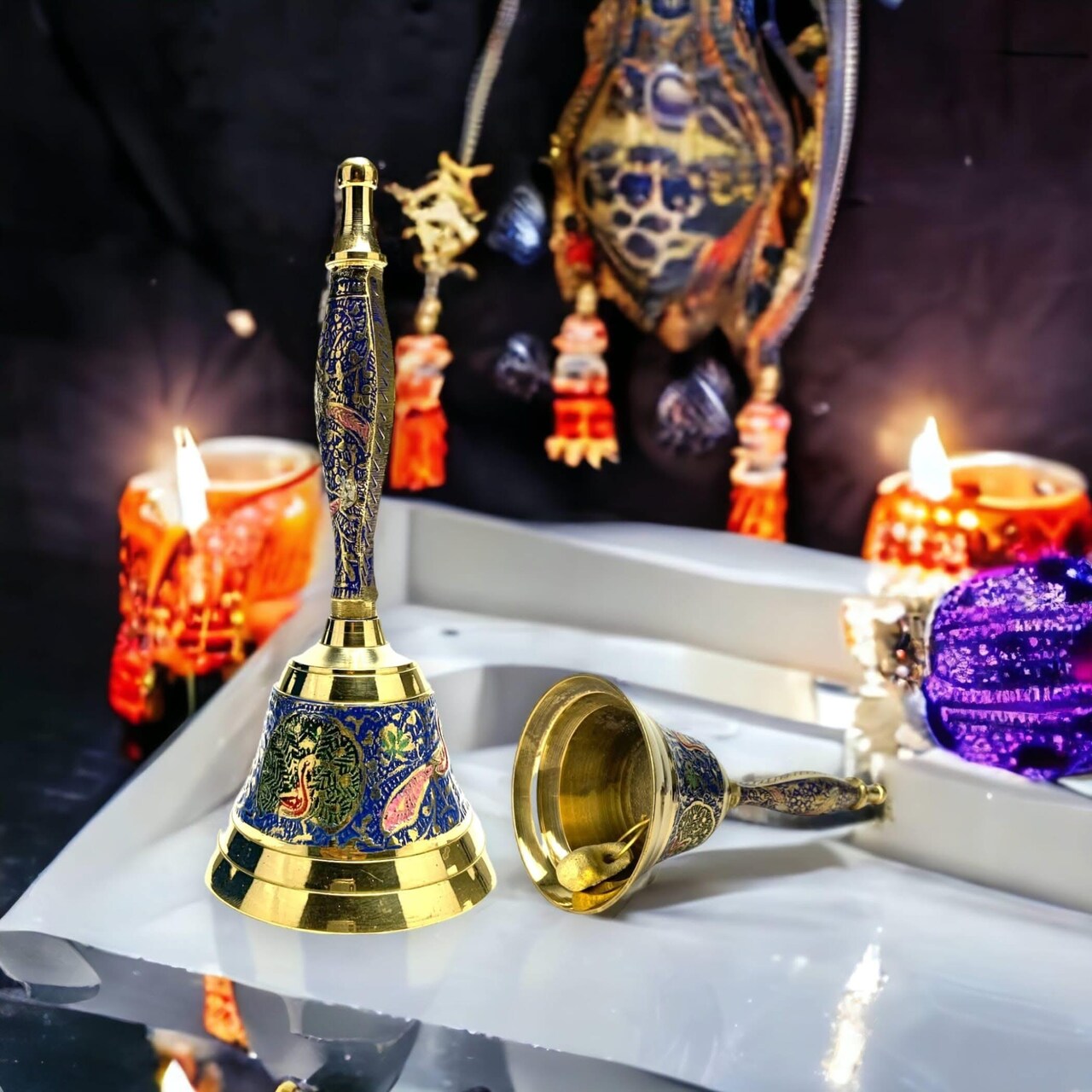 Decorative Peacock Temple Bells Brass Puja Ghanti Hindu Mandir Bell Coloured Pooja Jingle Bells Indian Home Decor Hand Painted Bell Housewarming Gift